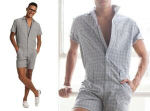 Mr Turk Short Sleeve Romper Blue Plaid Jumpsuit Men's S